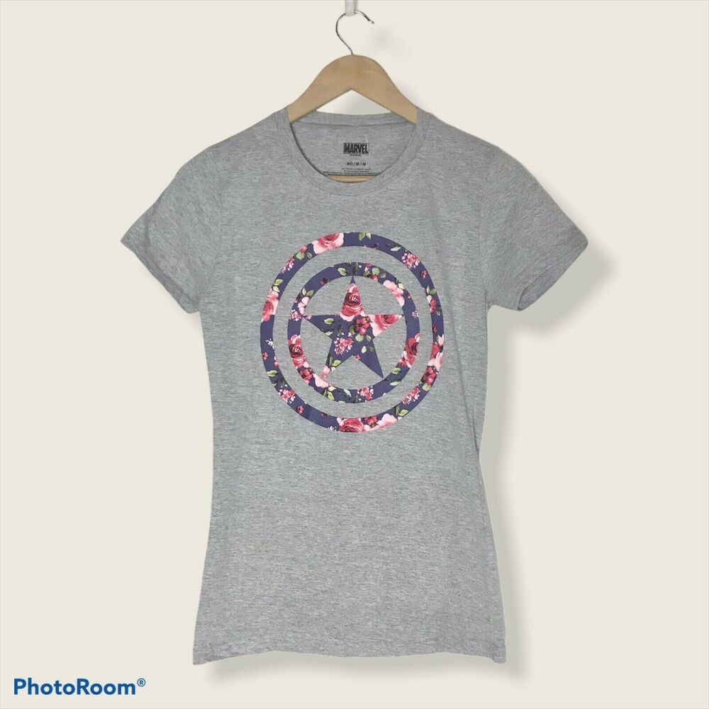 3/$20 Marvel NWT Women's Junior Medium Gray Captain America Floral Logo T-Shirt